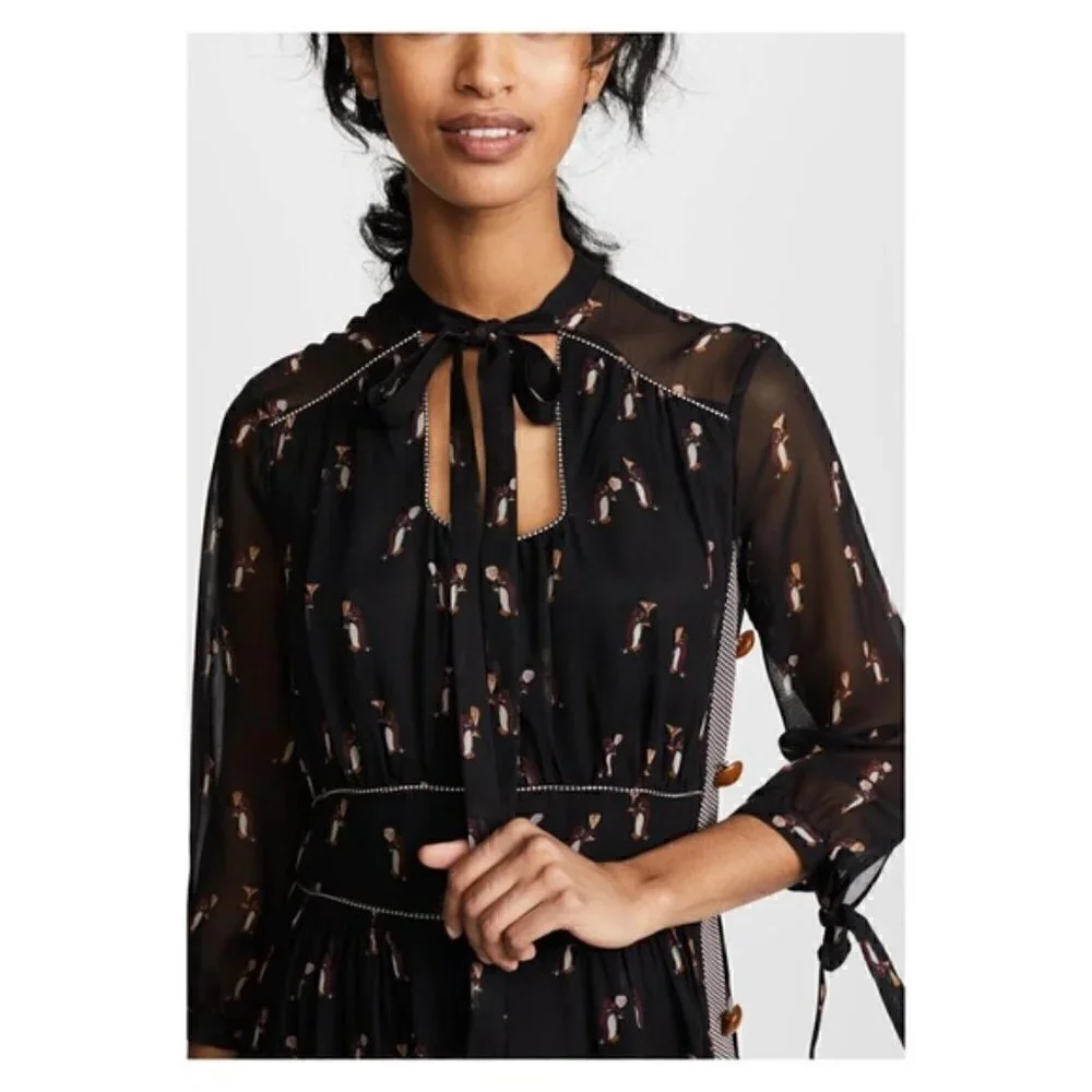 New Coach 1941 Penguin Print Tie Neck Knee Length Black Dress NWT Size 6 US